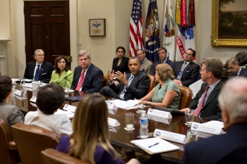 President Barack Obama meets with the White House Rural Council on August 7 to discuss ongoing efforts in response to the drought. (White House Photo by Pete Souza) 