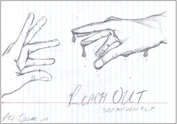 Drawing of one hand reaching out to the other, with the words Reach Out, Sea Haven, below them.