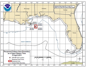 NOAA map: Tuesday, April 19, 2011: The last area in federal waters closed to fishing due to the oil spill reopens (
