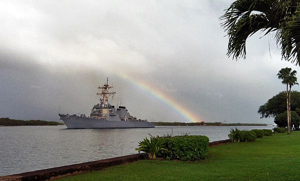 The guided-missile destroyer USS Russell (DDG 59) departs Joint Base Pearl Harbor-Hickam for the last time from its homeport in Hawaii, Jan. 3, 2013. (U.S. Navy photo by Mass Communication Specialist 3rd Class Dustin W. Sisco/Released)