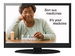 TV screen with a woman counting pills and a caption stating, 