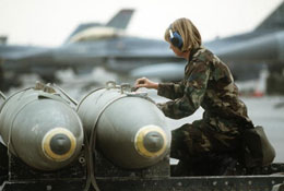 A check of the Mark 84 2,000-pound bombs is conducted before loading aboard 401st Tactical Fighter Wing F-16 Fighting Falcon aircraft during Operation Desert Storm. Source: www.defenseimagery.mil (DF-ST-92-07650)