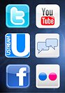 Social media panel shows small icons of various social media channels against a dark background