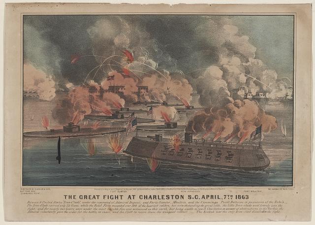 The great fight at Charleston S.C. April, 7th 1863: between 9 United States "Iron-Clads," under the command of Admiral Dupont; and Forts Sumter, Moultrie, and the Cummings Point Batteries in possession of the rebels