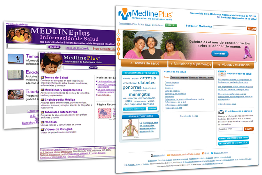 Collage of current and previous MedlinePlus Spanish Homepage