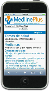 Mobile MedlinePlus Spanish home page on an iPhone 