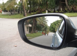 Picture of a car's side view mirror, children can be seen running