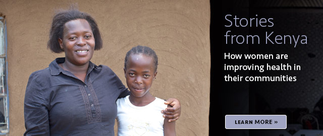 Woman with her arm around her daughter's shoulders, with text, 'Stories from Kenya: how women are improving health in their communities. Learn more.'