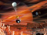 Artist's conception shows Titan's surface with Saturn appearing dimly in the background through Titan's thick atmosphere of mostly nitrogen and methane.