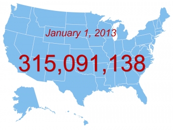Map of U.S. with Jan 1, 2013 and population projection overlay