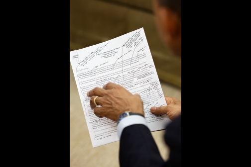 President Barack Obama works on his inaugural address with Jon Favreau