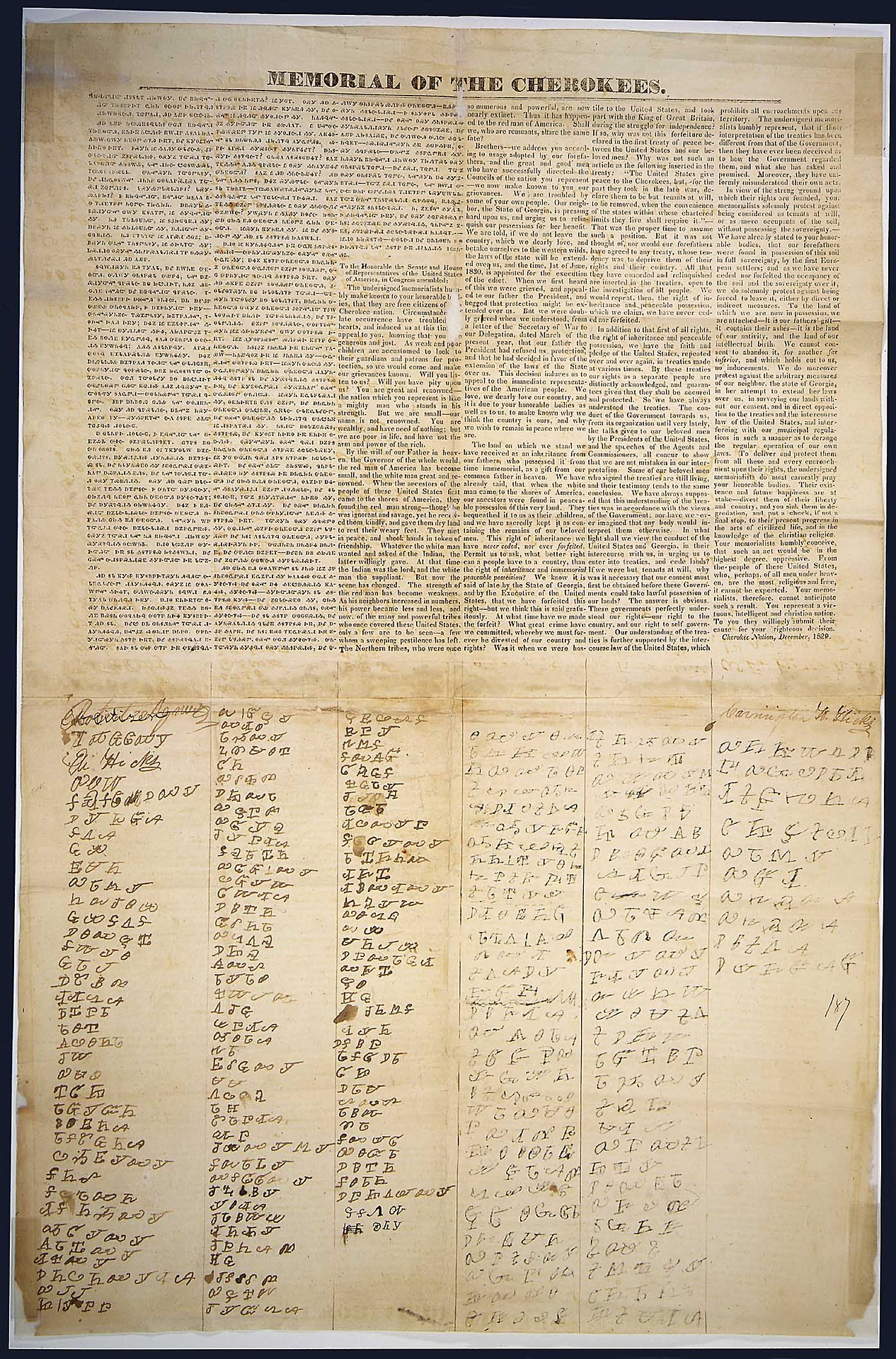 congressarchives:

Received by the U.S. House of Representatives on February 15, 1830 this petition from the Cherokee Nation, which was written in both Cherokee and English, asserted the tribe’s status as a sovereign nation in response to a bill which had been introduced to remove them from their land. Despite the petition, the legislation passed three months later, setting the stage for the eviction of the tribe in 1838 and the hardships they endured on the “Trail of Tears.”
Memorial of the Cherokees, HR 21A-H11, 2/15/1830, Records of the U.S. House of Representatives (ARC 306680)
