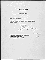Richard M. Nixon's Resignation Letter: 08/09/1974