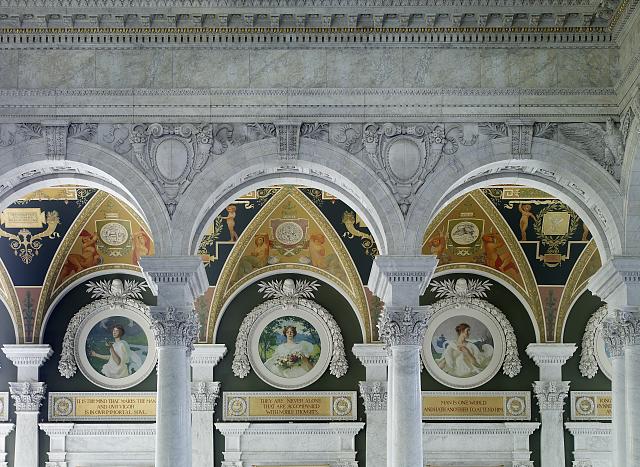 [Second Floor, South Corridor. View of Spring, Summer and Autumn murals by Frank W. Benson through arches. Library of Congress Thomas Jefferson Building, Washington, D.C.]