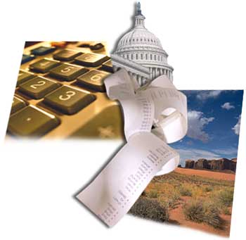 Graphic depicting U.S. Capitol Dome with images of a calculator key board, calculator tape readout, and a photo of vast Indian lands