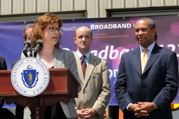 Anna M. Gomez with Mass. State Senator Ben Downing and Governor Deval Patrick at the MassBroadband 123 kick-off in Sandisfield, Mass. 