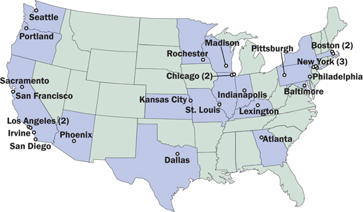 map of centers; see below for list