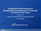 This slide set is based on the research presented in a comparative effectiveness review (CER), Comparative Effectiveness of Nonoperative and Operative Treatments for Rotator Cuff Tears, that was developed by the University of Alberta Evidence-based Practice Center for the Agency for Healthcare Research and Quality (AHRQ), Rockville, MD (Contract No. 290-02-0023). The findings and conclusions in this document are those of the author(s), who are responsible for its contents; the findings and conclusions do not necessarily represent the views of AHRQ. Therefore, no statement in this report should be construed as an official position of AHRQ or of the U.S. Department of Health and Human Services. The information presented here is intended to help health care decisionmakers—clinicians, health system leaders, and policymakers, among others—make well-informed decisions and thereby improve the quality of health care services. This information is not intended to be a substitute for the application of clinical judgment. Anyone who makes decisions concerning the provision of clinical care should consider this report in the same way as any medical reference and in conjunction with all other pertinent information, that is, in the context of available resources and circumstances presented by individual patients. Twelve electronic databases (1990 to September 2009), grey literature, trial registries, and reference lists were searched. The methods used to develop this CER followed version 1.0 of the Methods Reference Guide for Effectiveness and Comparative Effectiveness Reviews published by AHRQ (draft available at: http://effectivehealthcare.ahrq.gov/repFiles/2007_10DraftMethodsGuide.pdf). 
