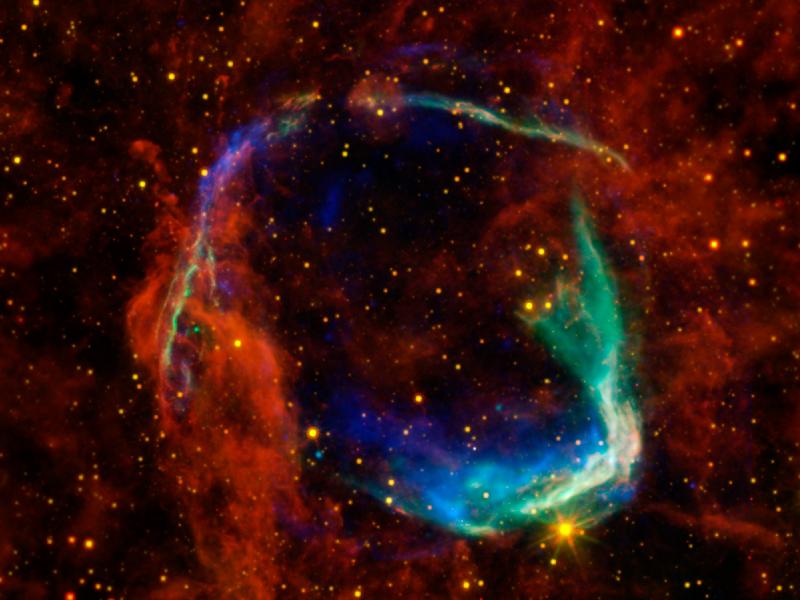 Image description: This image combines data from four different space telescopes to create a view of all that remains of the oldest documented example of a supernova, called RCW 86. The Chinese witnessed the event in 185&#160;A.D., documenting a mysterious &#8220;guest star&#8221; that remained in the sky for eight months. 
Image by NASA