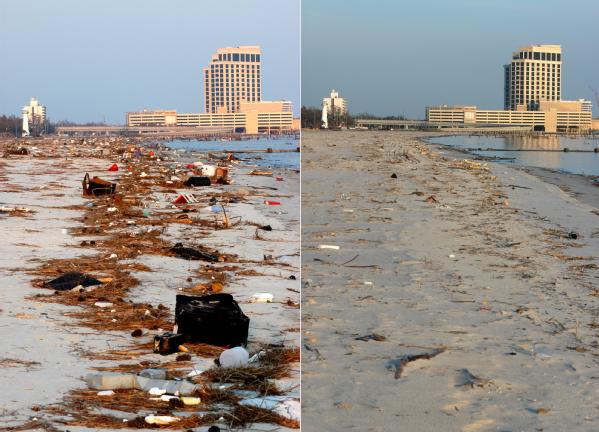 Biloxi, Miss., September 3, 2005 and August 8, 2006 -- Before (left) and after the process of cleaning up Biloxi beach. Over 33,000 cubic yards of debris was left on Harrison County beaches by Hurricane Katrina. FEMA/Mark Wolfe 