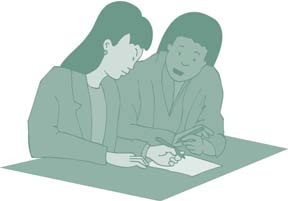 Clip art of two people looking over a piece of paper.