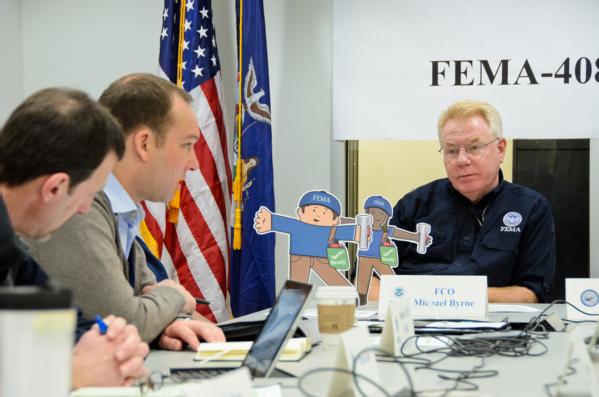 Queens, N.Y., Jan. 4, 2013 -- Flat Stella and Flat Stanley visit the FEMA Joint Field Office (JFO) in Queens, NY to attend meetings with FEMA Federal Coordinating Officer Michael Byrne, FEMA partners and associates. 