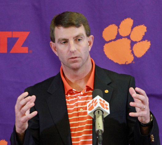 Clemson head football coach Dabo Swinney discusses the 2013 recruiting class that signed with the Tigers during a news conference on national signing day Wednesday, Feb. 6, 2013 in Clemson, S.C. (AP Photo/Anderson Independent-Mail, Mark Crammer) THE GREENVILLE NEWS OUT, SENECA NEWS OUT Photo: Mark Crammer, Associated Press / Anderson Independent-Mail