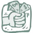 Clip art of a hand holding dollar bills.
