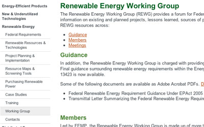 Screenshot of FEMP's Renewable Energy Working Group web page.