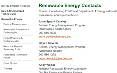 Screenshot of FEMP's Renewable Energy Contacts web page.