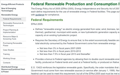 Screenshot of the FEMP web page on Renewable Energy Federal Requirements.