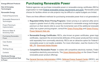 Screenshot of the FEMP web page on Purchasing Renewable Power.
