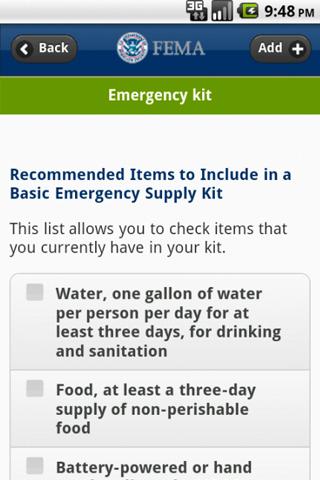 Screenshot of the emergency kit checklist in FEMA's smartphone app including water, food and other items.