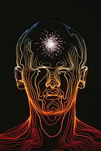 Illustration of a head with a bright light bursting from the forehead.