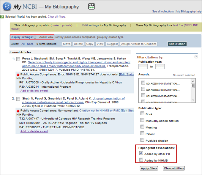 Screen capture of Paper-grant associations filters in the Award View display