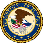 Seal of the United States Department of Justice, showing a bald eagle standing on a shield, holding arrows in one talon and laurel leaves in the other.