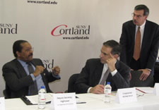 Hightower, Arcuri and SUNY Cortland president Dr. Erik J. Bitterbaum. Click for larger image.