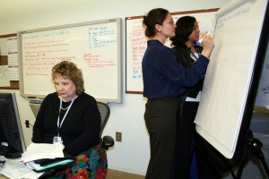 ERCB Chief (at desk) Joanne Cox. Standing (left to right) Catherine Jamal, Kimberly Brock