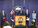 Brian D. Lamkin, Special Agent in Charge, FBI Atlanta, Sally Yates, U.S. Attorney, Northern District of Georgia; Tony West, Assistant Attorney General Civil Division U.S. Department of Justice; Daniel Levinson, Inspector General, U.S. Department of Health & Human Services; and Margaret Hamburg, M.D., FDA Commissioner of Food & Drugs sharing results from the collaboration of the Department of Justice and the Department of Health and Human Services and their promise to crack down on health care fraud.