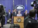 Secretary of the Department of Health and Human Services Kathleen Sebelius addresses reporters.