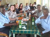 Study staff at lunch during the site initiation visit, May 2009 (left to right) Simon Oswago, laboratory technologist; Lisa Mills, branch chief/principal investigator; Cadwill Pillay, study monitor; Katrina Kretsinger, coinvestigator; Kayla Laserson, field station director; Kennedy Imbuki, study coordinator; Victor Mudhune, pharmacist; Clement Zeh, laboratory chief, HIV-R; Elizabeth Ayuo, regulatory officer; Anne Gumbe, quality management officer; Richard Lando, clinical officer; and Vitalis Sewe, medical records technologist.