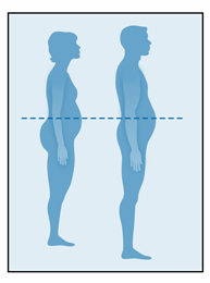 Drawing of the side silhouettes of a man and a woman with a dotted line through their waists.