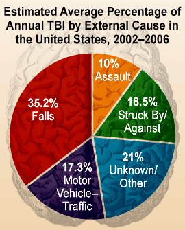 Pie chart: Estimated Average Percentage of Annual TBI by External Cause in the United States, 2002-2006. Falls: 35.2%; Motor vehicle traffic: 17.3%; Unknown/Other: 21%; Struck by/against: 16.5%; Assault: 10%.