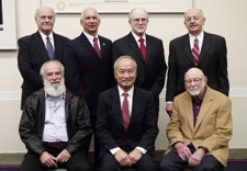 Acting USPTO Director John Doll, back row second from the left with 2009 Inventor Hall of Fame inductees from left to right: John Macdougall (ion implantation),, Larry Hornbeck (digital micromirror device), George Heilmeier (liquid crystal display) Front row, left to right: Dov Frohman-Bentchkowsky (EPROM), Alfred Cho (molecular beam epitaxy), Ken Manchester (ion implantation). Click for larger image.