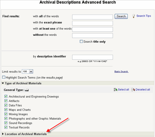 sample search screen in ARC