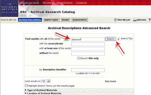 sample search screen in ARC