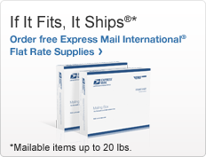 If It Fits, It Ships®. Order free Express Mail International® Flat Rate Supplies. Mailable items up to 20 lbs. Image of Express Mail boxes.