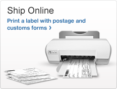 Ship Online. Print a label with postage and customs forms. Image of computer printer with shipping label and customs forms. 