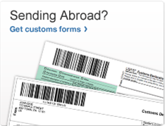 Sending Abroad? Get customs forms. Image of a pre-printed customs form and a customs form printed online.