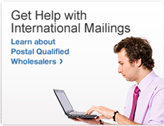 Get Help with International Mailings. Learn about Postal Qualified Wholesalers. Image of a businessman using a laptop.